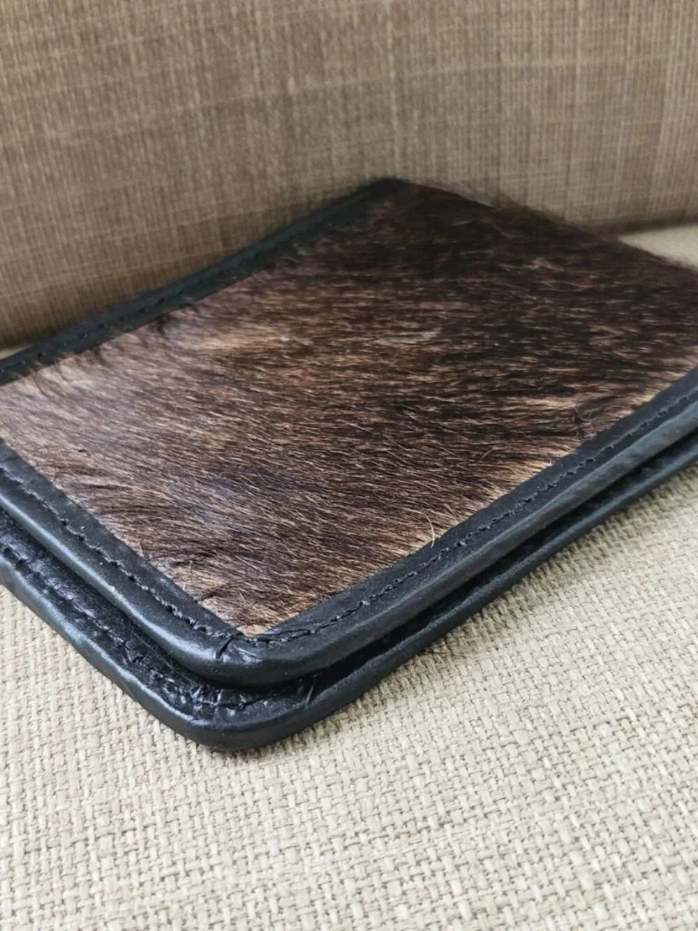 Fur Billfold Wallet Black Genuine Leather Real Fur Hair Cardholder Handmade